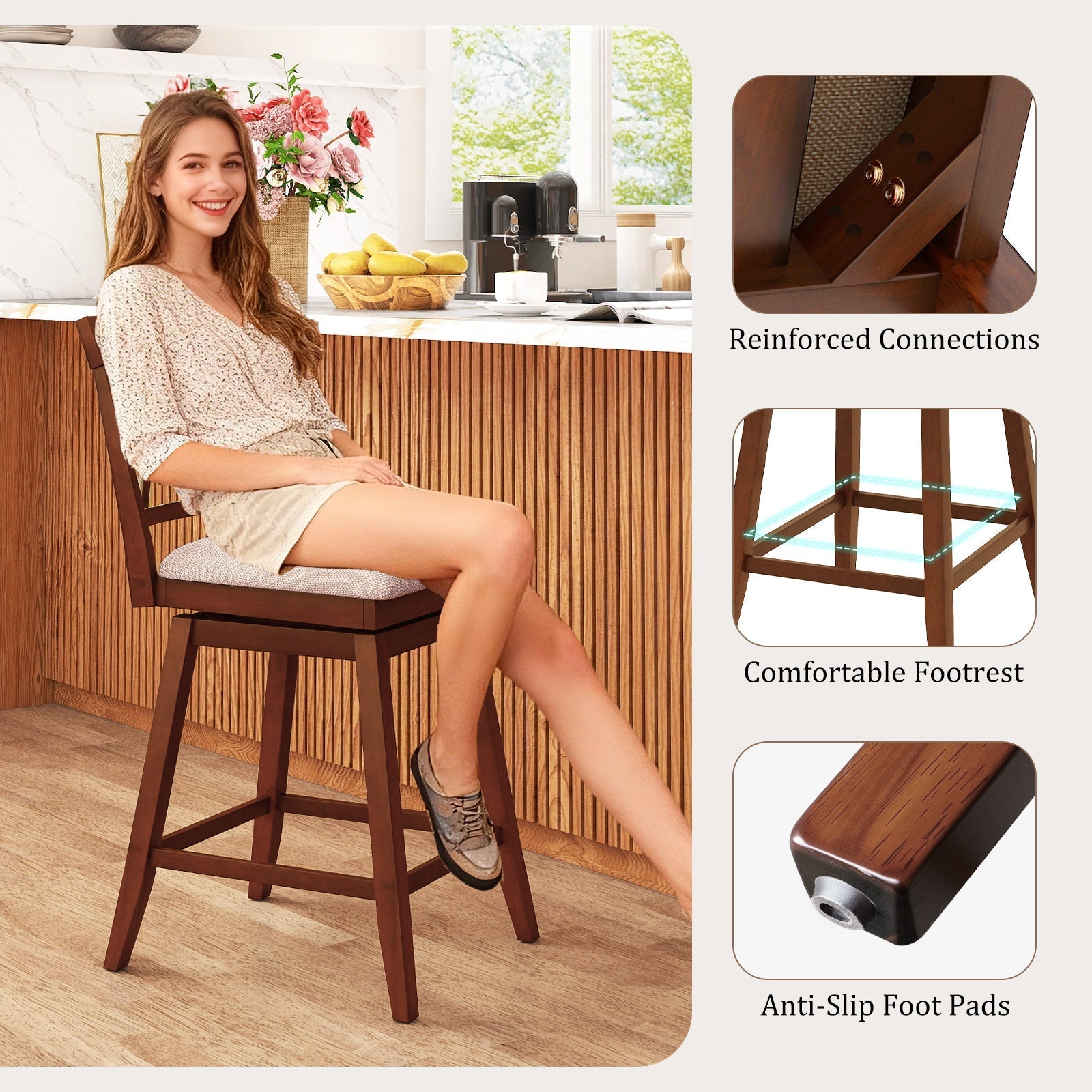 Counter Height Swivel Bar Stools with Upholstered Seat - Set of 2