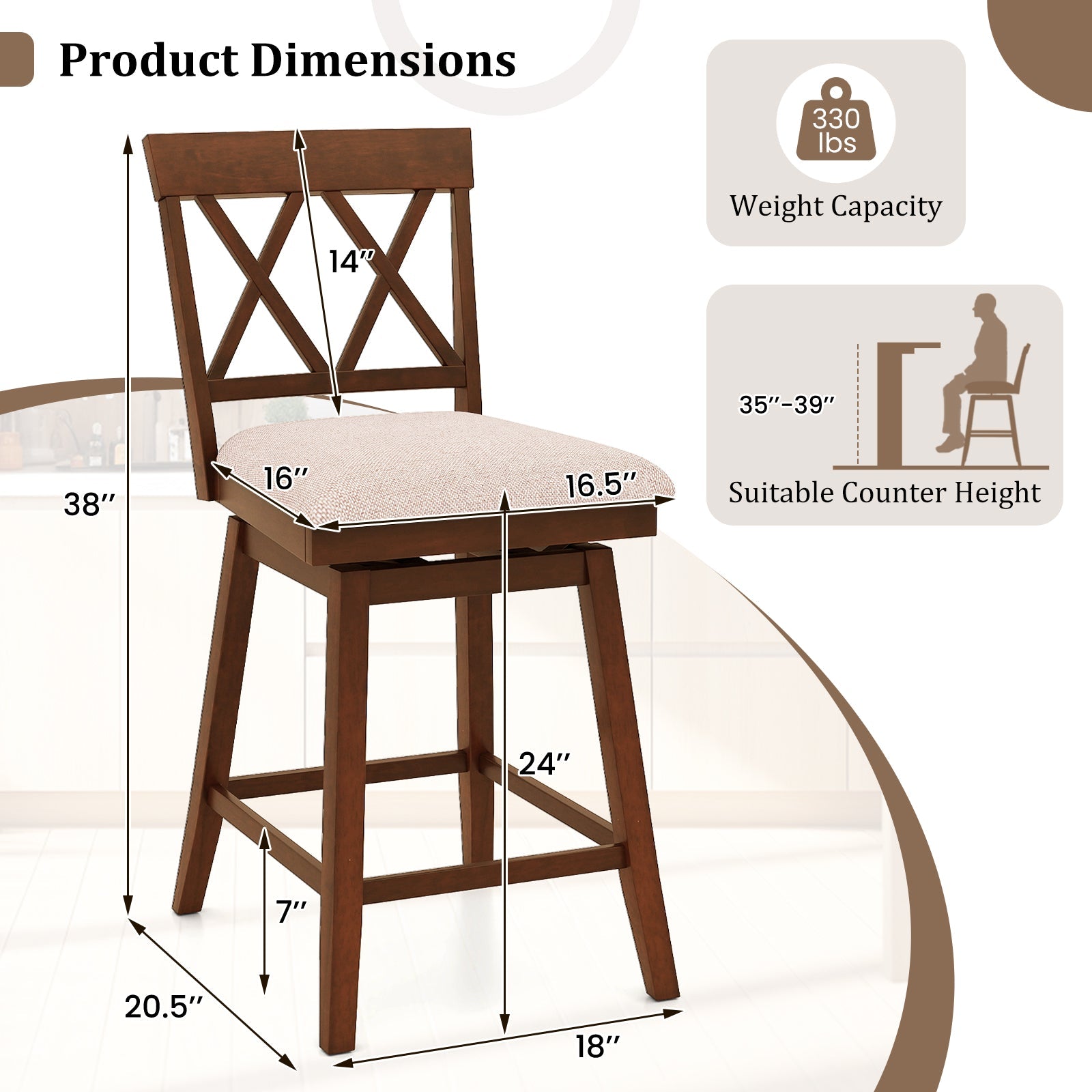 Counter Height Swivel Bar Stools with Upholstered Seat - Set of 2