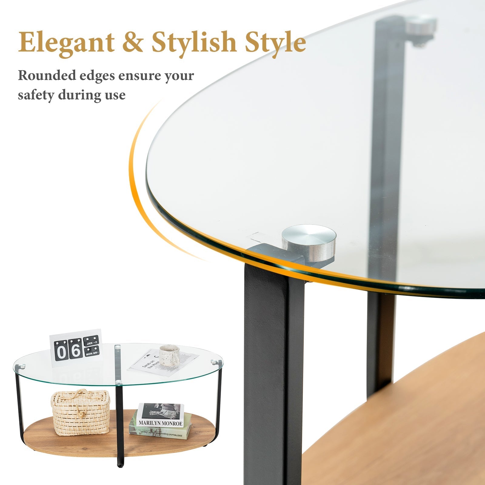 2-Tier Glass-Top Oval Coffee Table with Wooden Shelf for Living Room