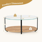 2-Tier Glass-Top Oval Coffee Table with Wooden Shelf for Living Room