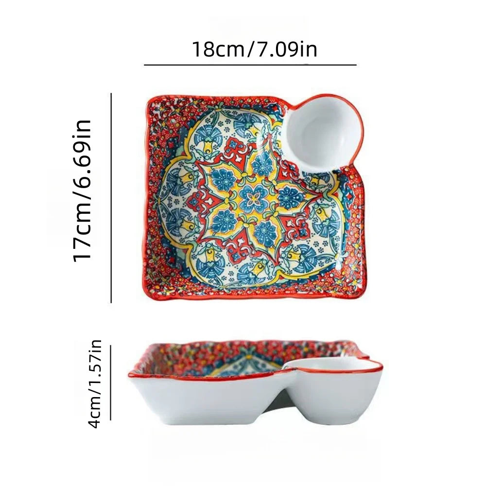 Bohemian dumpling plate with vinegar dish, household ceramic plate, segmented breakfast plate, high-end dumpling-specific plate