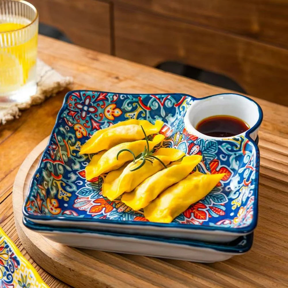 Bohemian dumpling plate with vinegar dish, household ceramic plate, segmented breakfast plate, high-end dumpling-specific plate