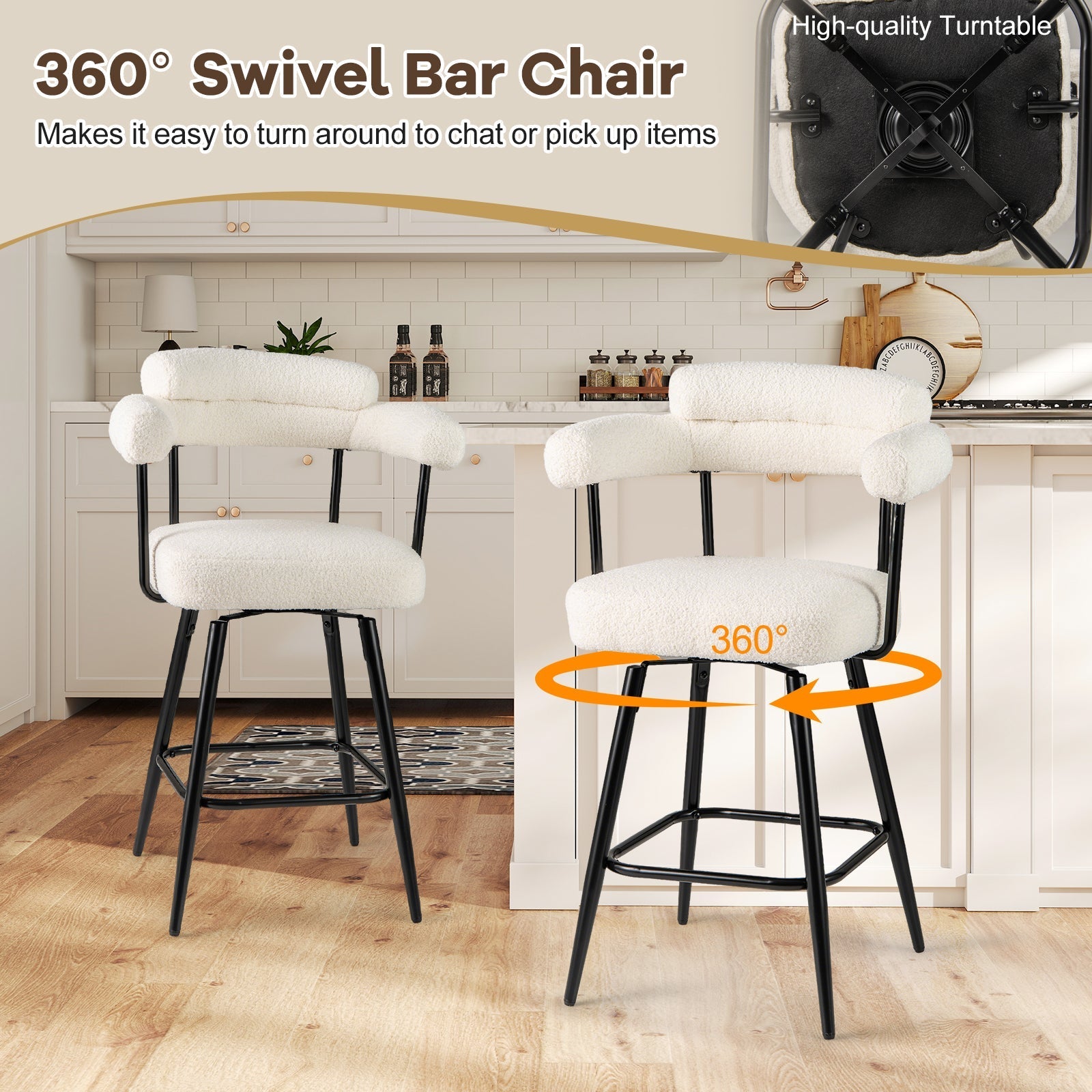 Swivel Bar Stool Set of 2 Counter Height Chairs with Curved Back and Arms