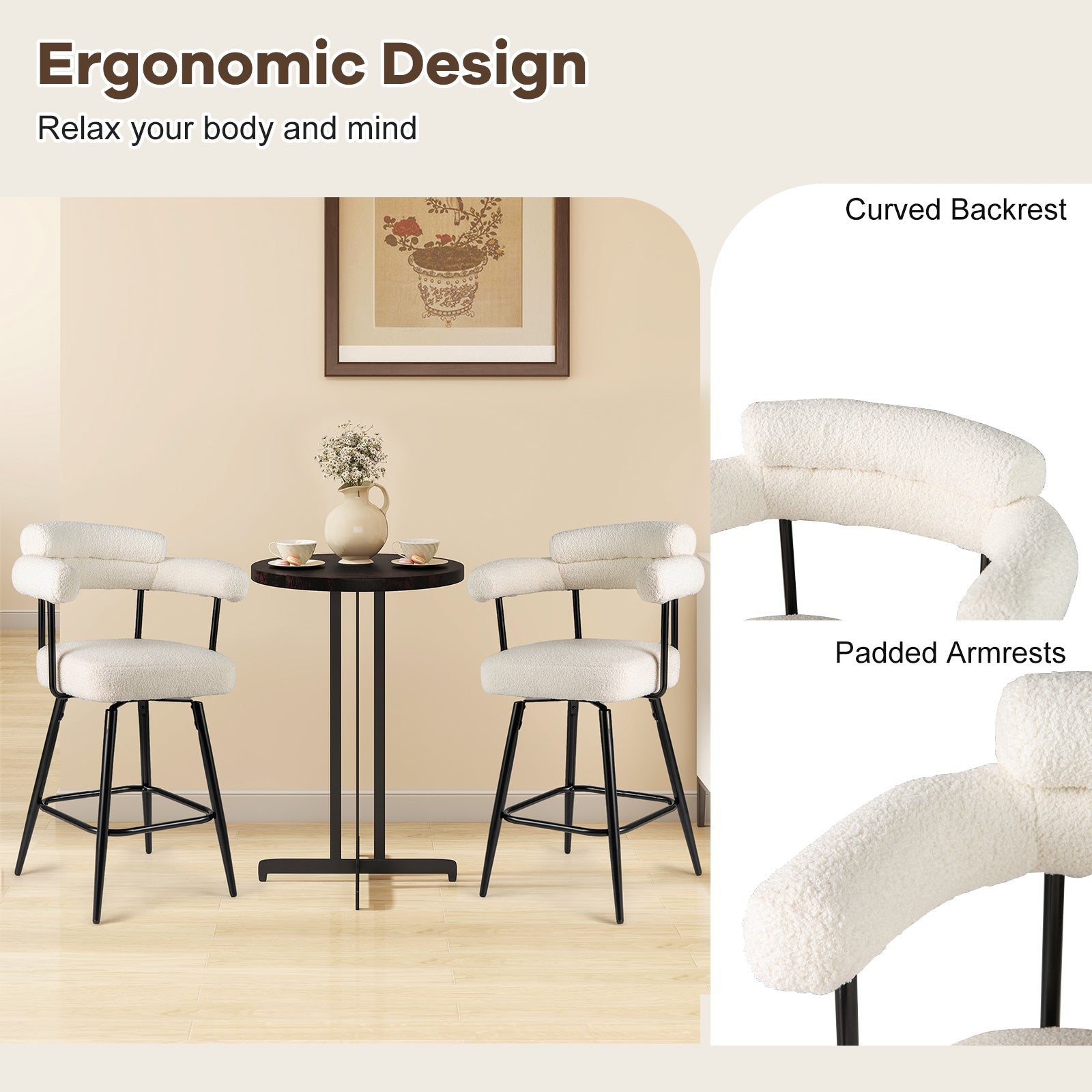 Swivel Bar Stool Set of 2 Counter Height Chairs with Curved Back and Arms
