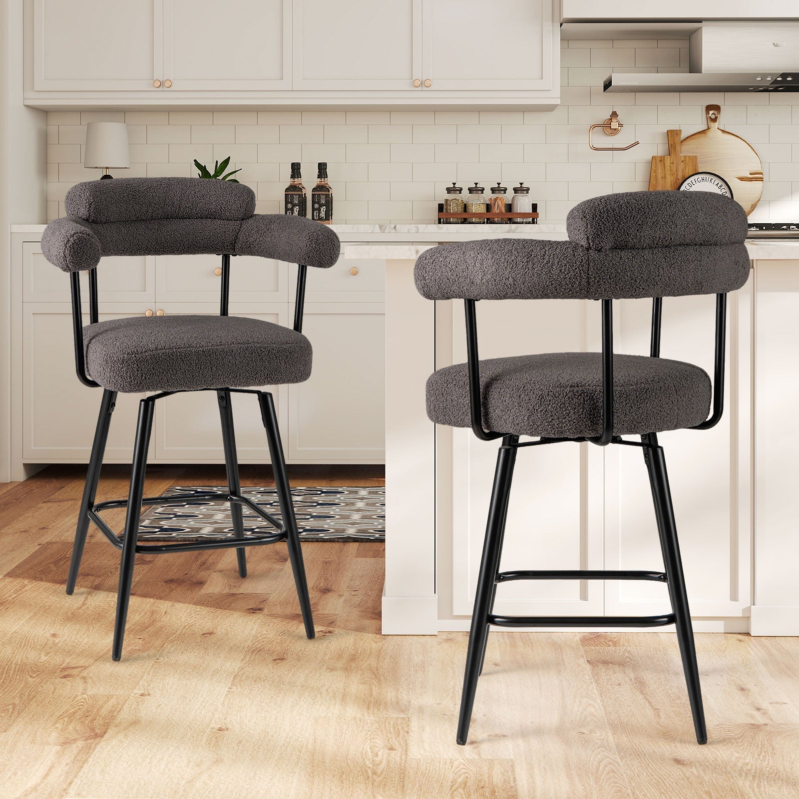 Swivel Bar Stool Set of 2 Counter Height Chairs with Curved Back and Arms