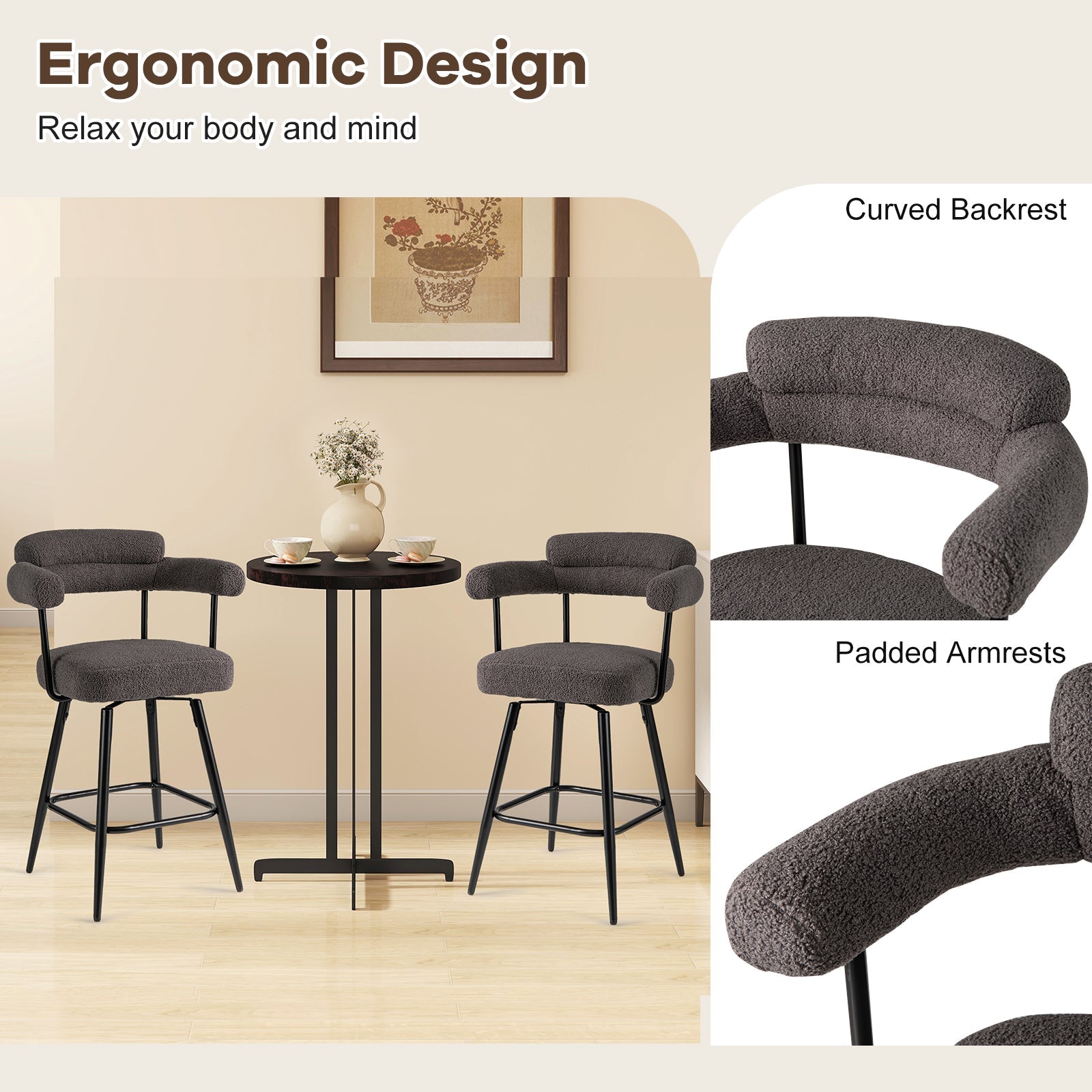 Swivel Bar Stool Set of 2 Counter Height Chairs with Curved Back and Arms