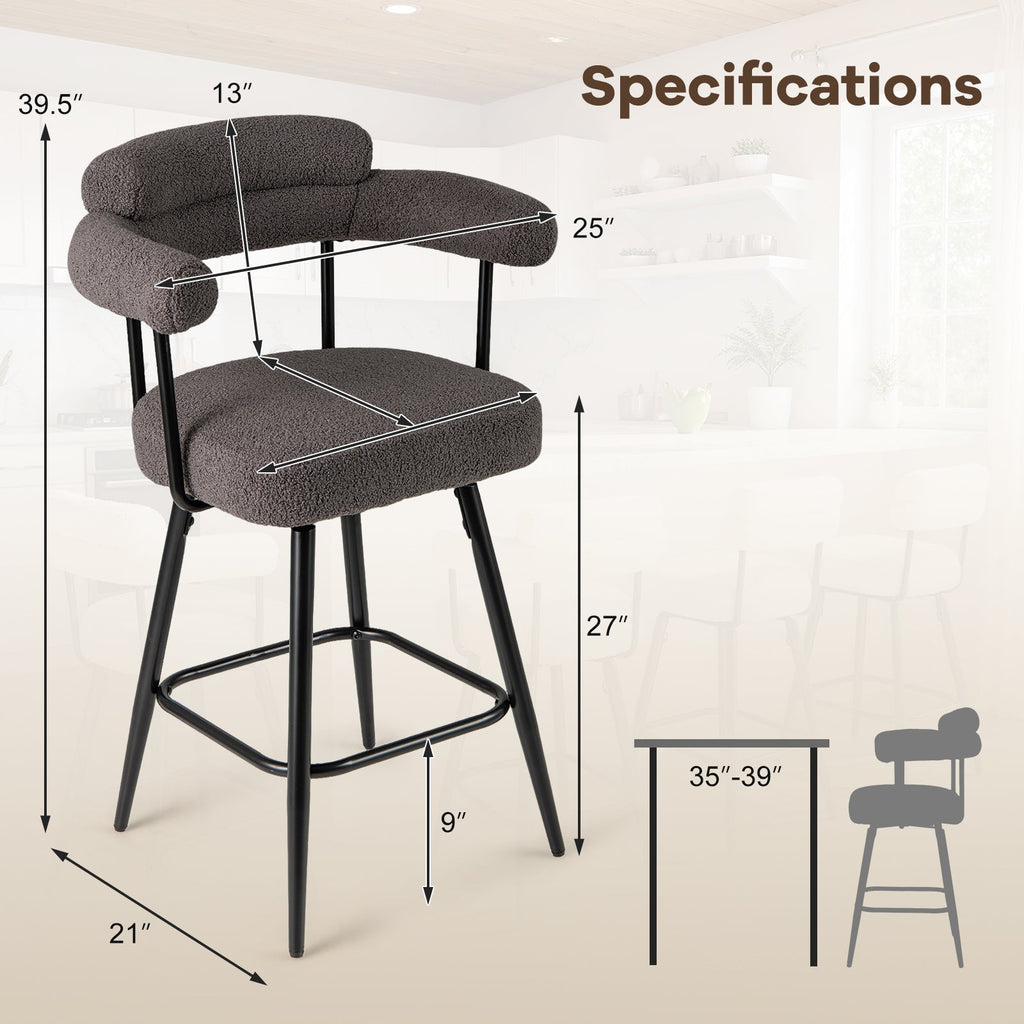 Swivel Bar Stool Set of 2 Counter Height Chairs with Curved Back and Arms