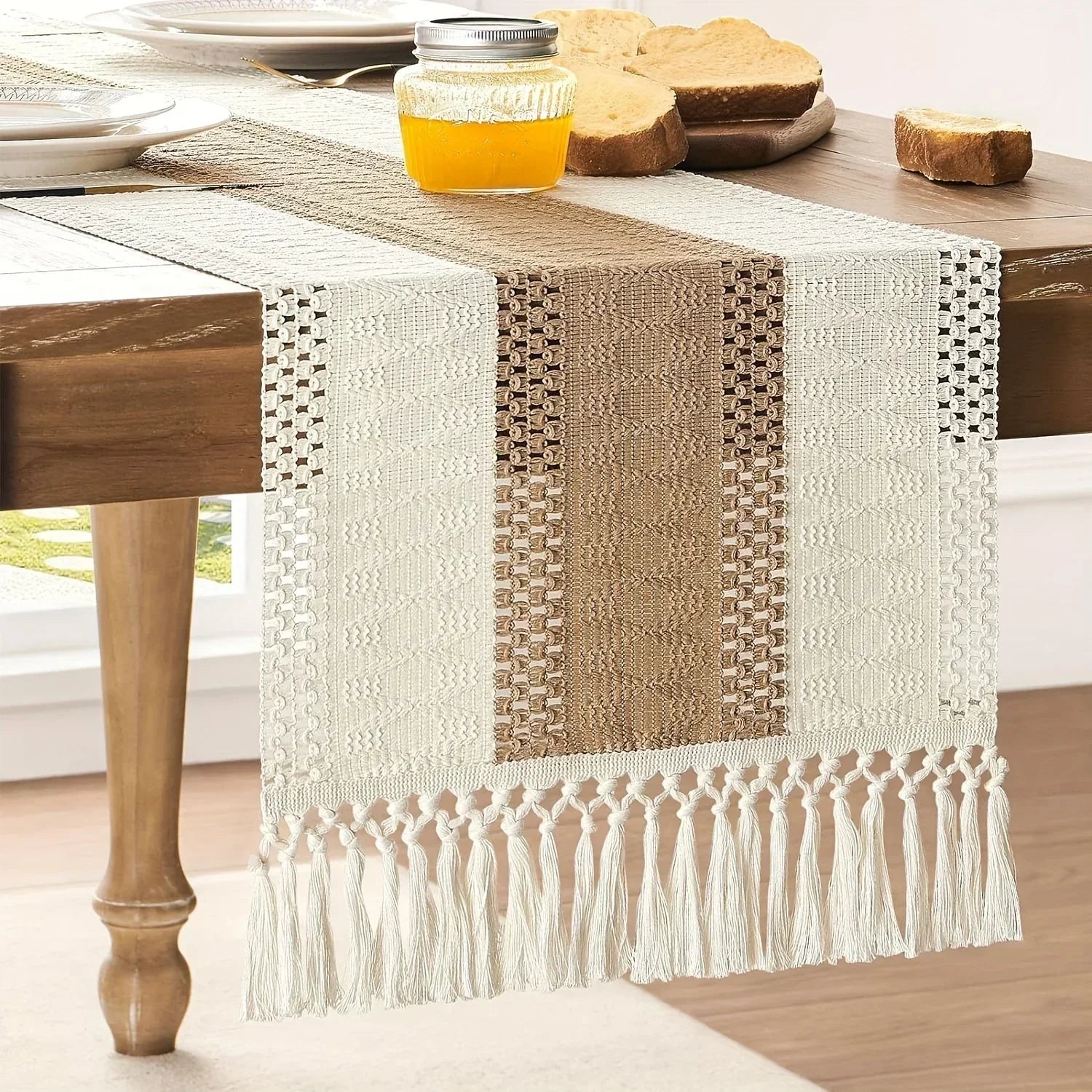 [Boho Chic Table Runner] Bohemian Chic Table Runner, 1pc Farmhouse Rustic Cream Brown Design | Macrame Crochet Polyester with Tassels - Infuses Boho Flair for Dining Room, Bedroom, Living Room Decor
