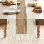 [Boho Chic Table Runner] Bohemian Chic Table Runner, 1pc Farmhouse Rustic Cream Brown Design | Macrame Crochet Polyester with Tassels - Infuses Boho Flair for Dining Room, Bedroom, Living Room Decor