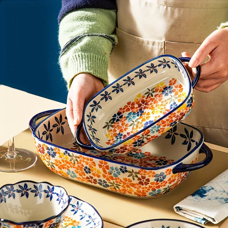 [Elegant Bohemian Baking Dishes] 2pcs Elegant Bohemian Porcelain Baking Dishes - 13-inch Large Rectangular Baker Set | Oven-Safe Casserole & Pie Pan, Versatile Ceramic Roaster | Mother's Day Gift for Home Chefs, Kitchen Essen
