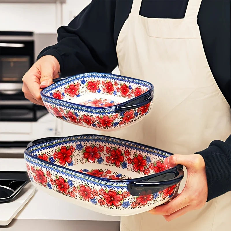 [Elegant Bohemian Baking Dishes] 2pcs Elegant Bohemian Porcelain Baking Dishes - 13-inch Large Rectangular Baker Set | Oven-Safe Casserole & Pie Pan, Versatile Ceramic Roaster | Mother's Day Gift for Home Chefs, Kitchen Essen