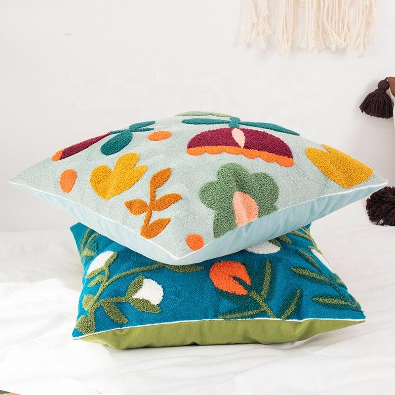 Embroidered Throw Pillow Covers Floral Style Pattern Cushion Cover Soft Cozy Home Decoration For Living Room Kids Room Color Block Handmade Cotton Cover Beautiful Modern Floral Patterns And Invisible Zipper Square Pillow Cover 45x45cm