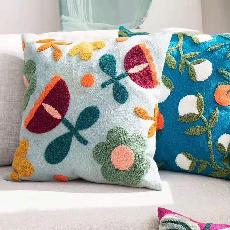 Embroidered Throw Pillow Covers Floral Style Pattern Cushion Cover Soft Cozy Home Decoration For Living Room Kids Room Color Block Handmade Cotton Cover Beautiful Modern Floral Patterns And Invisible Zipper Square Pillow Cover 45x45cm