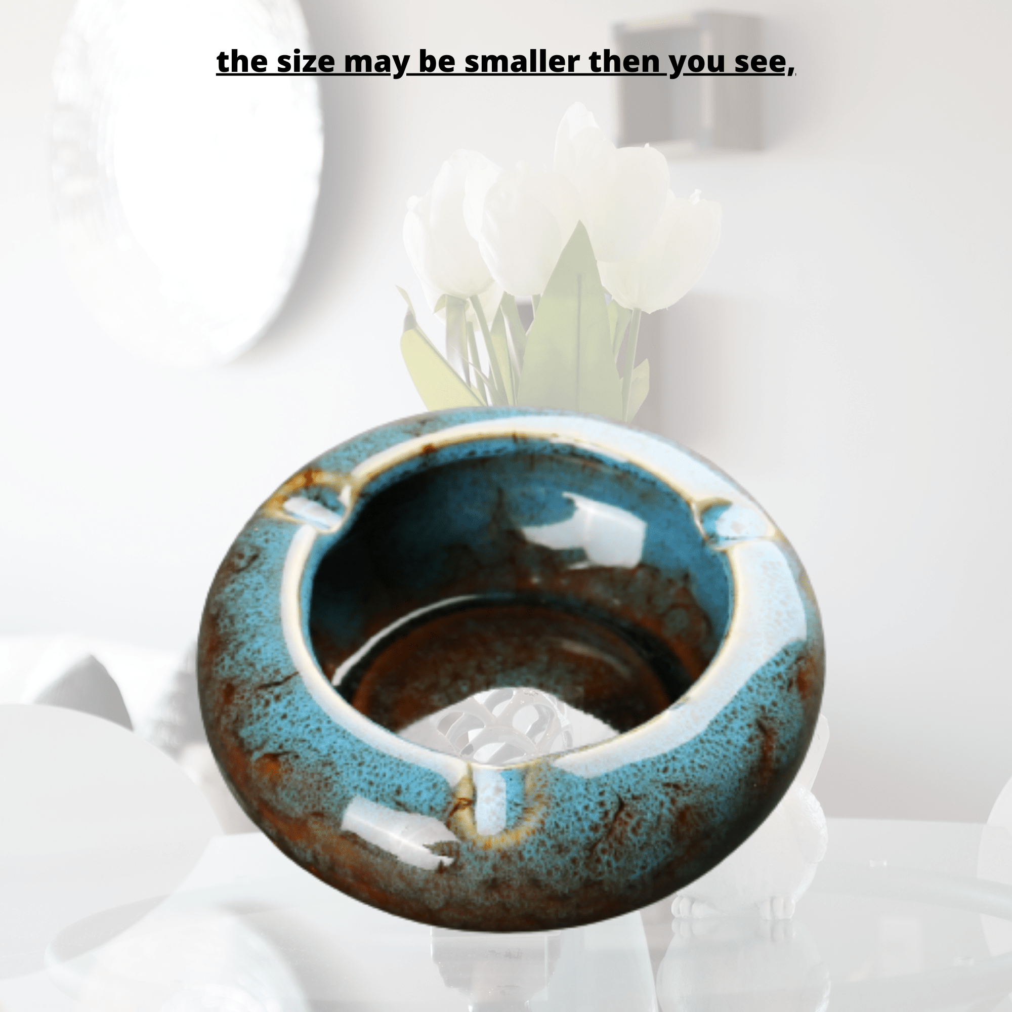 Round Glossy Ceramic Ashtrays + Flameless Lighter (BLUISH)